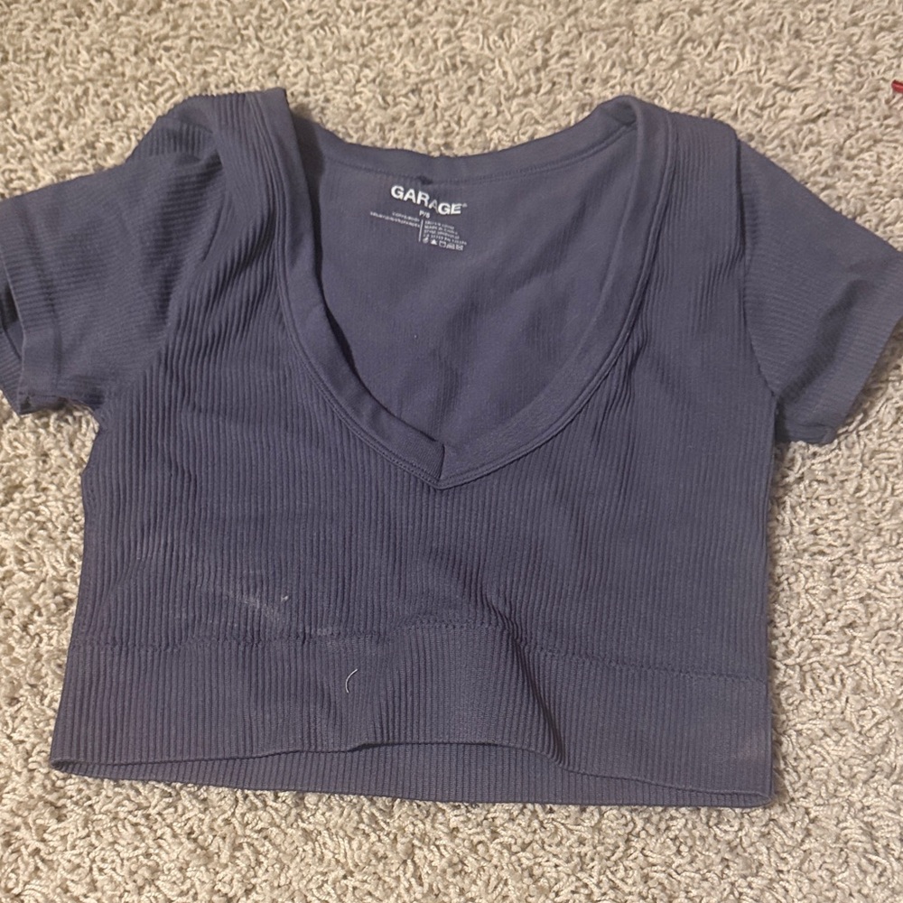 Garage Deep Blue Ribbed V-Neck Top